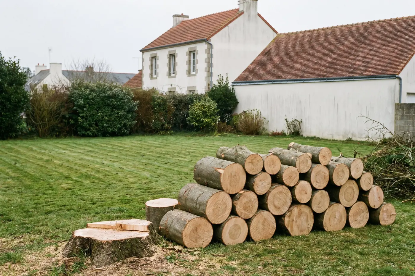 Illustration : arbre abattu et débité au fond d'un jardin, tronçons rangés