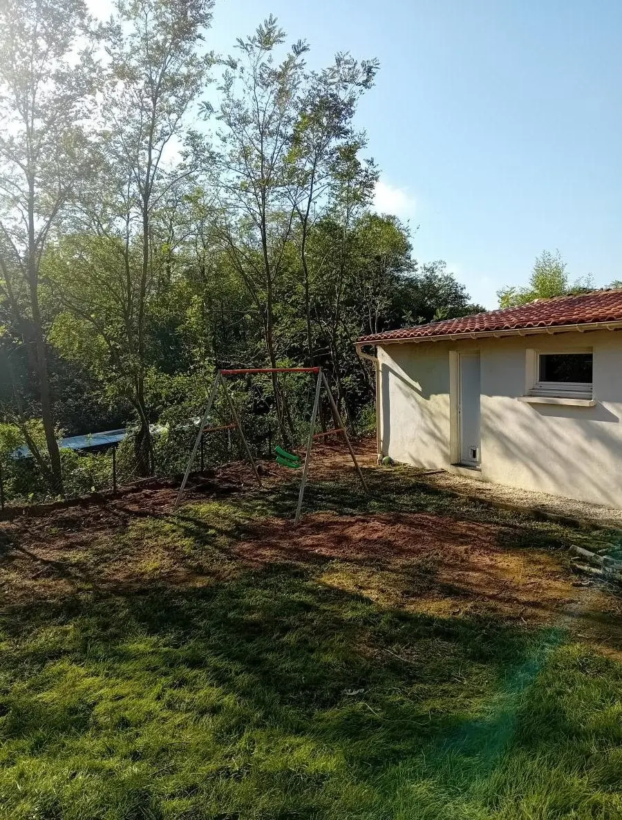 Fond de jardin dégagé, la terre à nu au pied des arbres