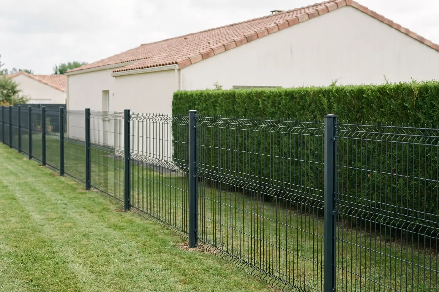Illustration : clôture en panneaux rigides le long d'un jardin